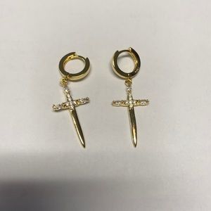 Gold Cross Dagger Sword Earrings